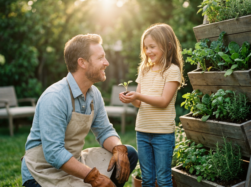 Father and daughter growing vegetables together in a small backyard vertical garden space.