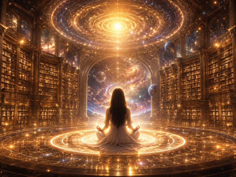 Woman meditating before a galaxy portal, symbolizing accessing the Akashic Records of her soul