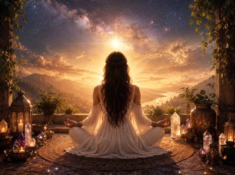 Woman meditating under a zodiac wheel with crystals and candles, reflecting Ilumnat's astrology and magick tools