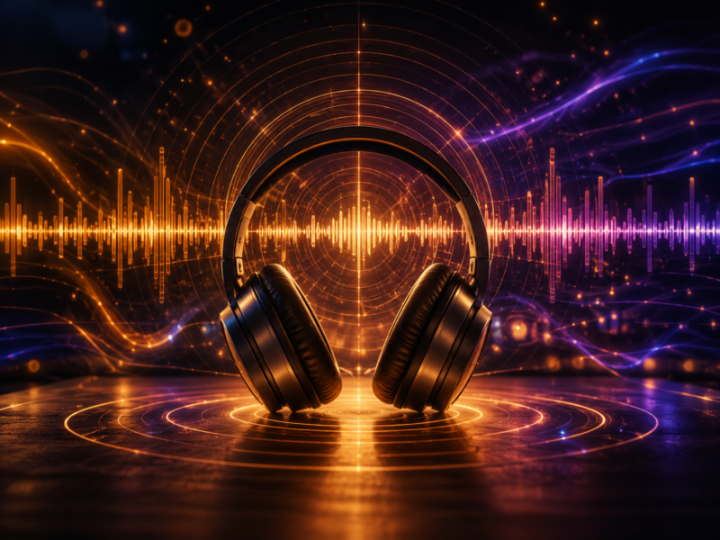 Headphones amid glowing sound waves, illustrating Ilumnat's frequency generator for meditation and vibrational healing