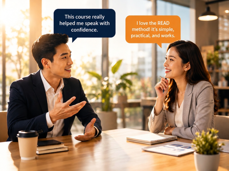 Two professionals at a table discussing how a public speaking course boosted their confidence.