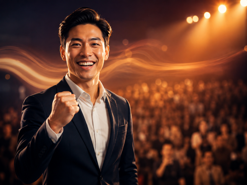 Confident man in a suit smiling with a raised fist before a cheering crowd on stage