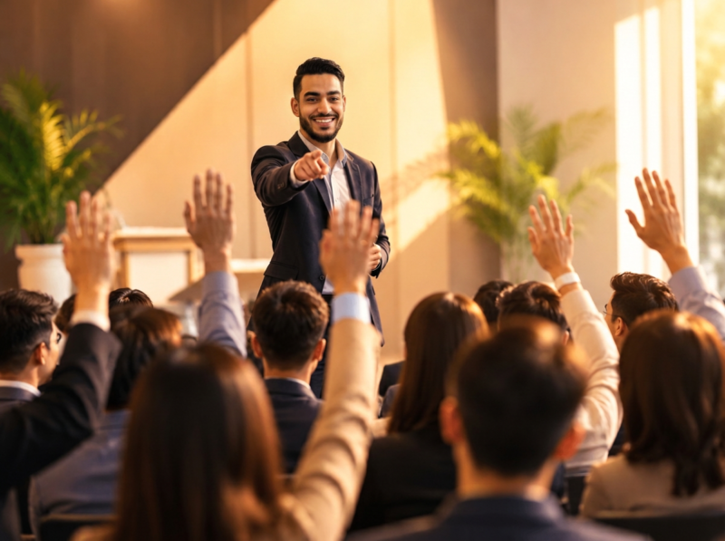 Confident speaker smiling and pointing to an audience member with raised hands ready to ask questions.