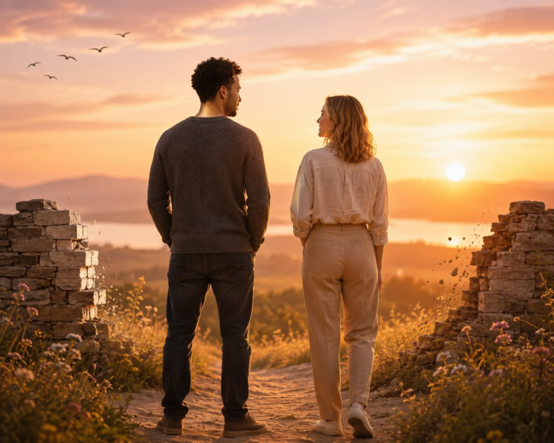 Couple walking a sunset path through a stone ruin, symbolizing healing from avoidant attachment.