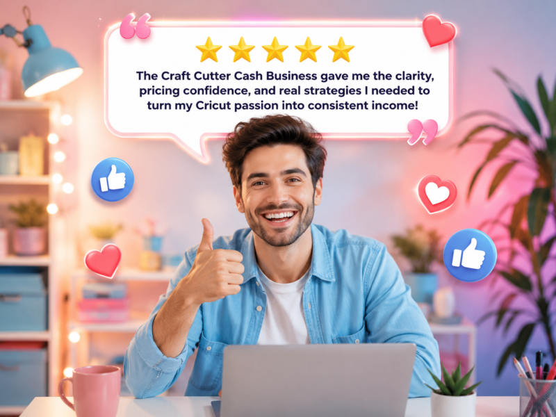 Man giving a thumbs up beside a five-star testimonial praising the Craft Cutter Cash Business program