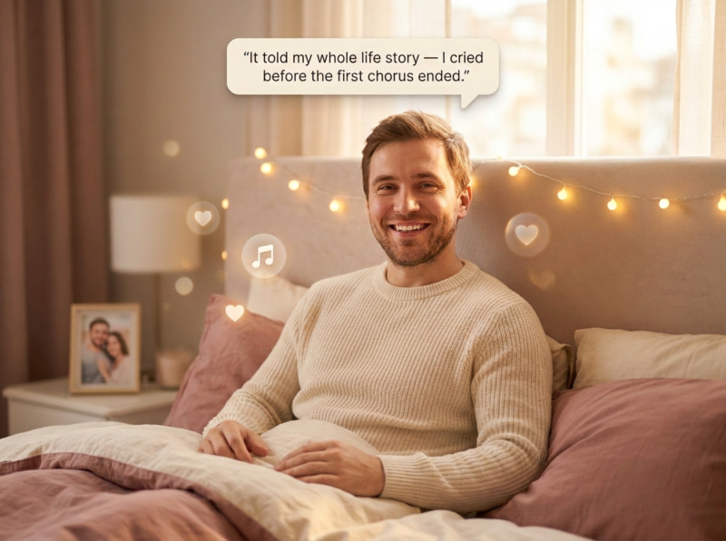 Satisfied man smiling in bed, happy with the positive reviews his Custom Song Surprise gift received