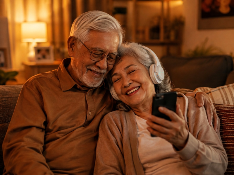 Elderly couple sharing headphones, smiling as they listen to their personalized custom AI song together