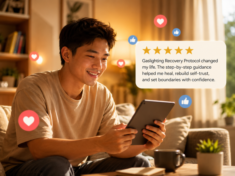 Man reads a five-star review of the Gaslighting Recovery Protocol, a self-guided program for emotional manipulation recovery