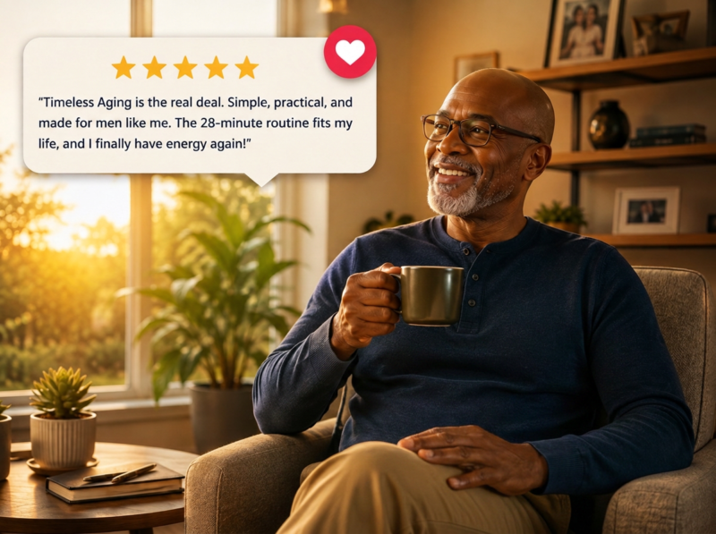 Smiling man relaxes with coffee beside a five-star review praising Timeless Aging's 28-minute routine and energy boost