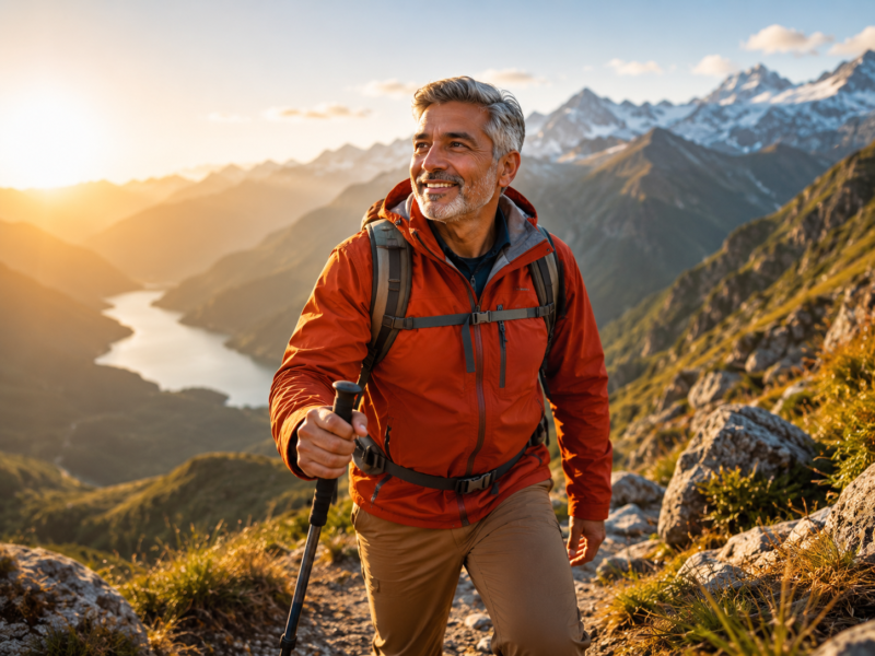 Man over 50 climbs a mountain trail at sunrise, embodying the strength and vitality of healthy aging.