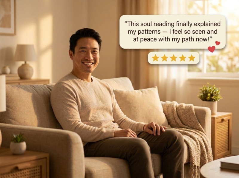 Smiling man relaxing at home next to a glowing five-star review praising his AkashicSoul past-life reading experience.
