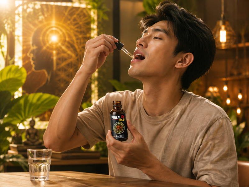 Man with eyes closed placing a dropper of Pineal 10x Gold liquid supplement under his tongue at a table.