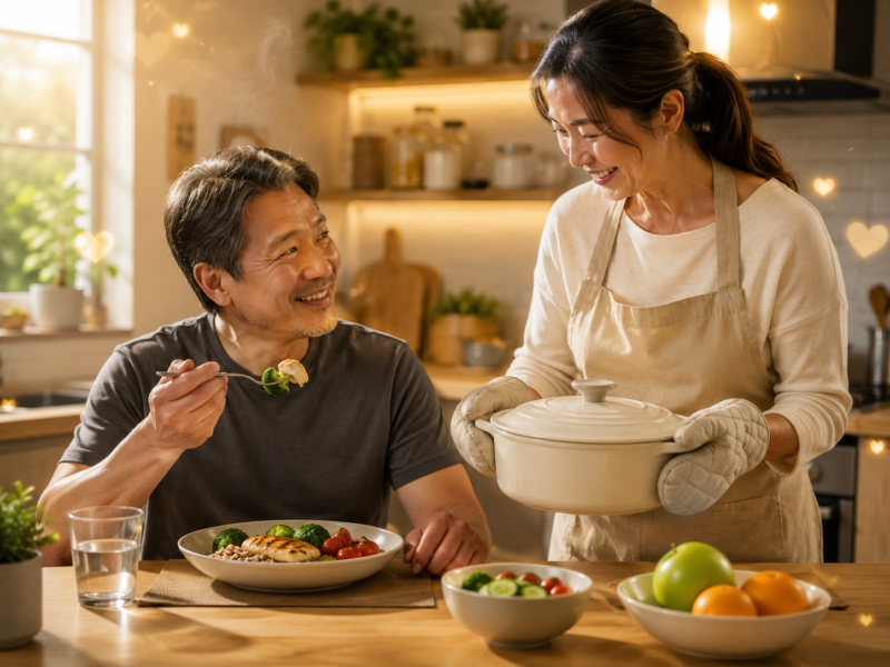 Smiling man eats grilled chicken and vegetables while a woman presents a covered dish in a warm kitchen.