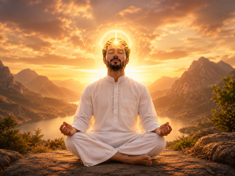 Man meditating at sunrise with glowing mind energy, reflecting the focus self-hypnosis practice builds