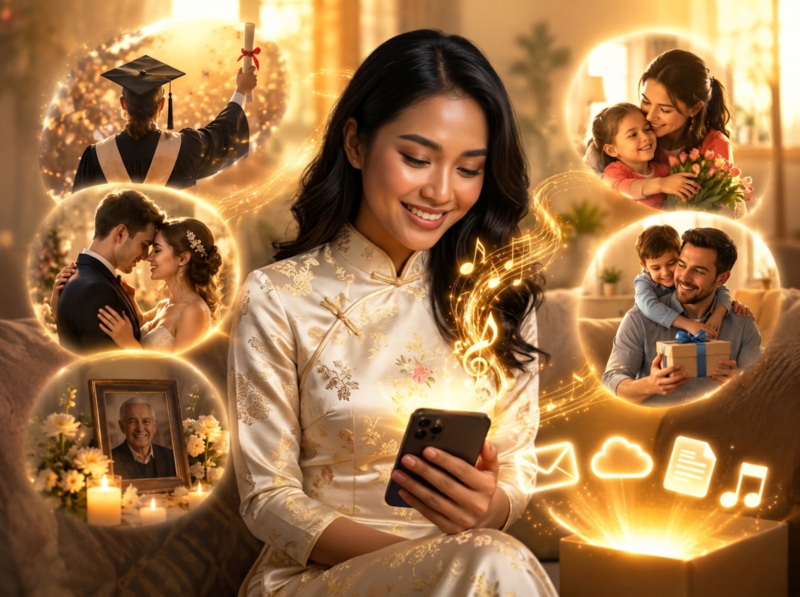 Woman smiling as a personalized song gift plays, with images of birthdays, weddings, and family memories around her