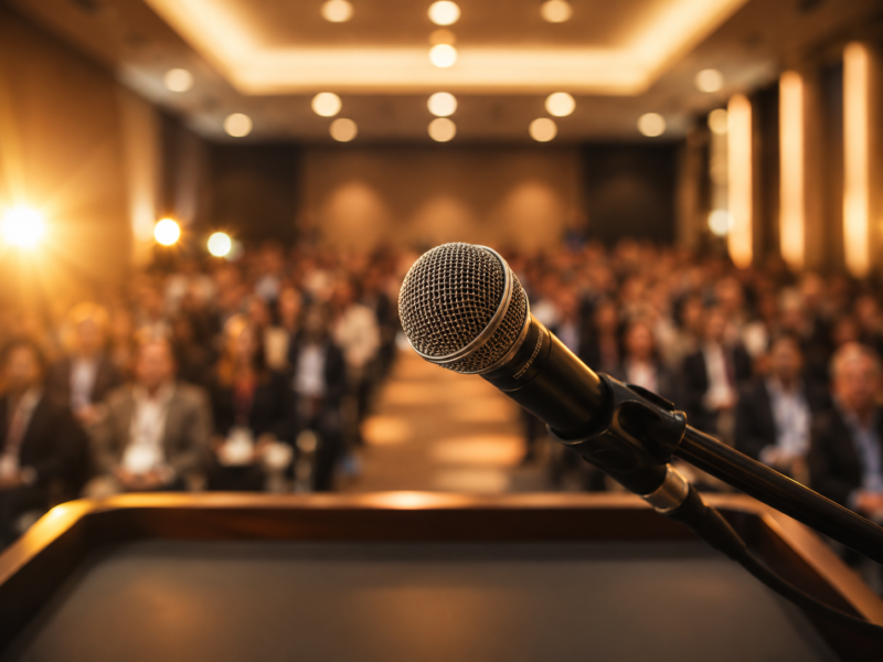 Microphone at a podium facing a large audience, capturing the pressure of public speaking