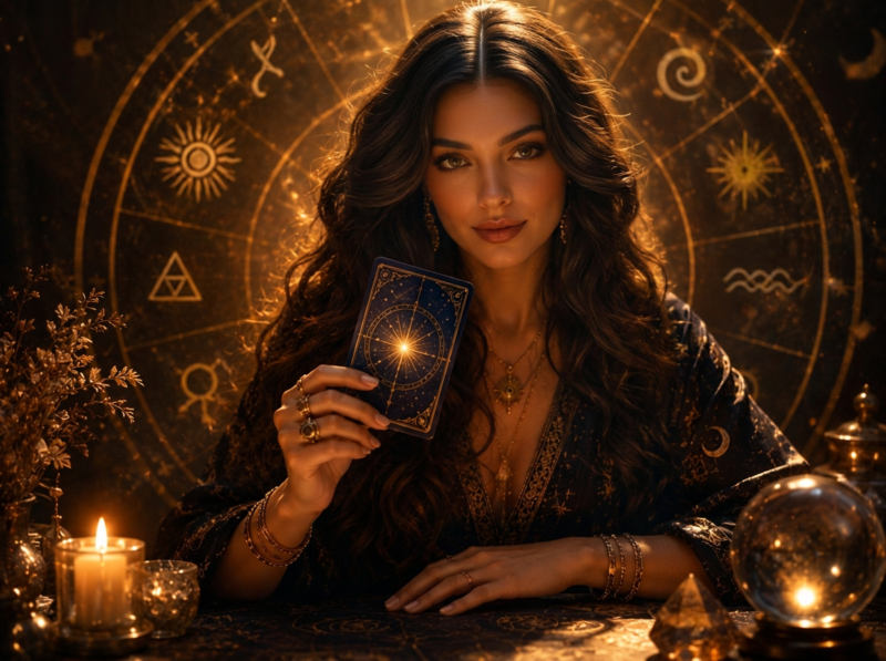 Woman with dark wavy hair holding a glowing tarot card, surrounded by candles and a crystal ball.