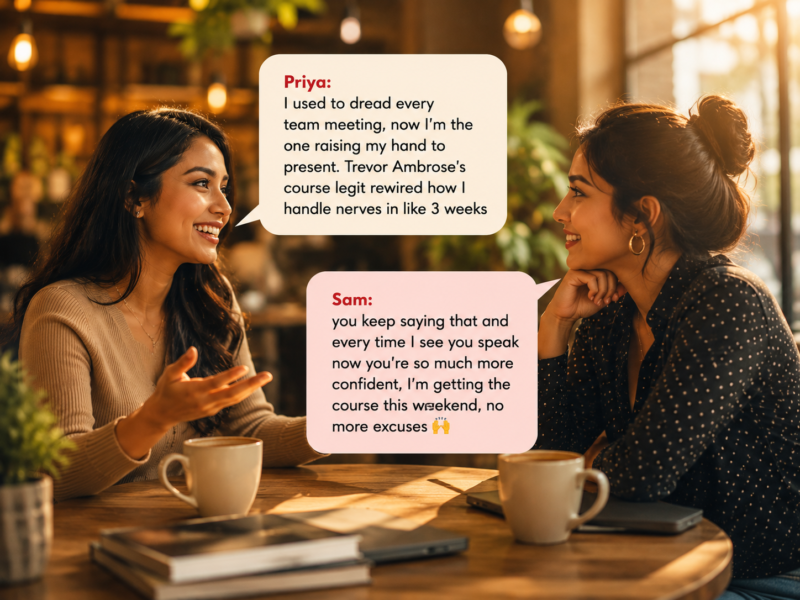 Two friends chatting over coffee about gaining confidence from a public speaking course