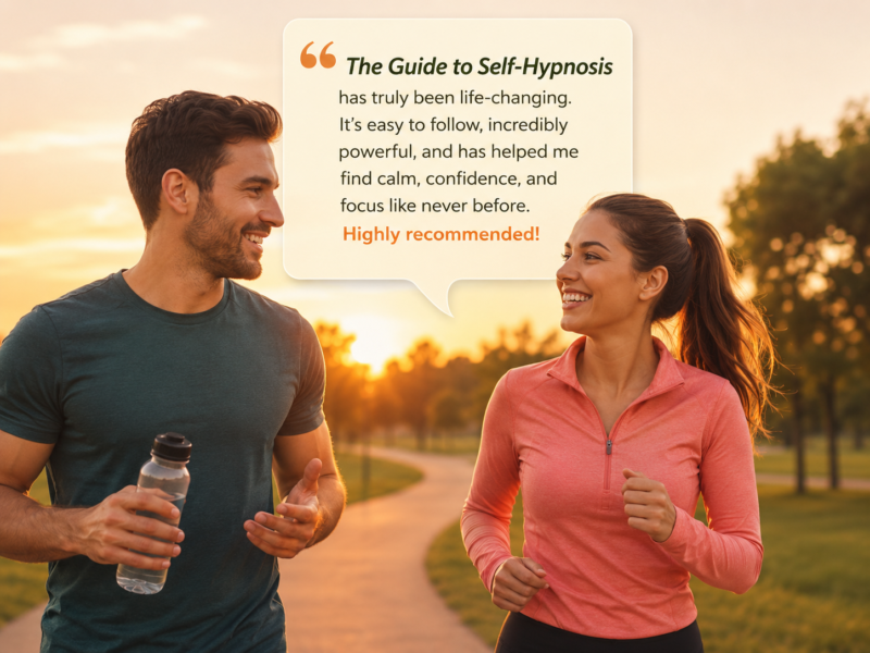 Smiling joggers in a park at sunset beside a glowing testimonial for The Guide to Self-Hypnosis