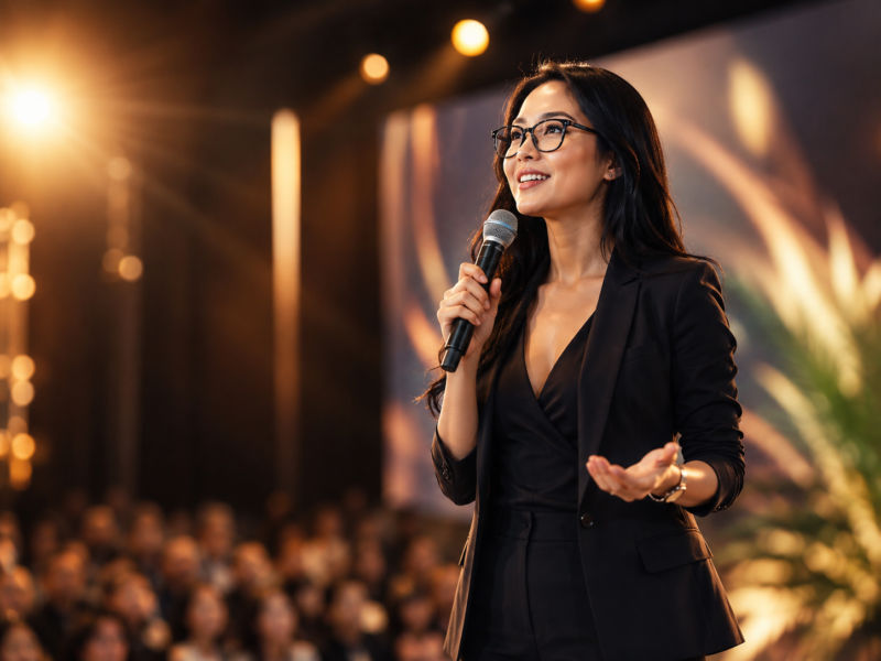 Confident public speaker presenting on stage after completing Trevor Ambrose's 21-day course