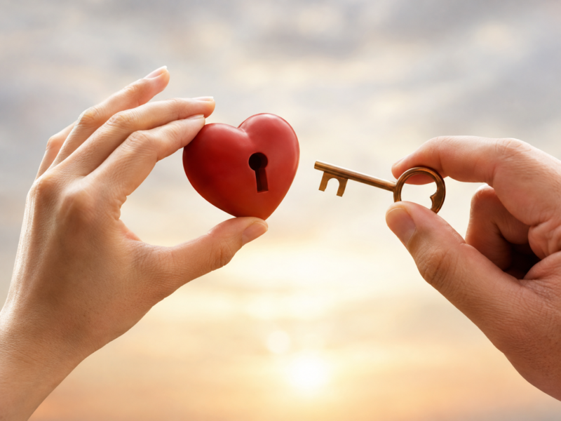 Close-up of hands offering a key to a heart-shaped lock at sunrise, symbolizing emotional recovery