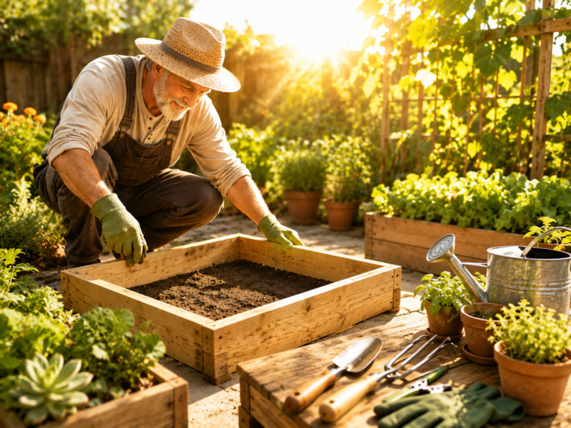 Gardener building a compact raised bed, illustrating vertical gardening in a small backyard space