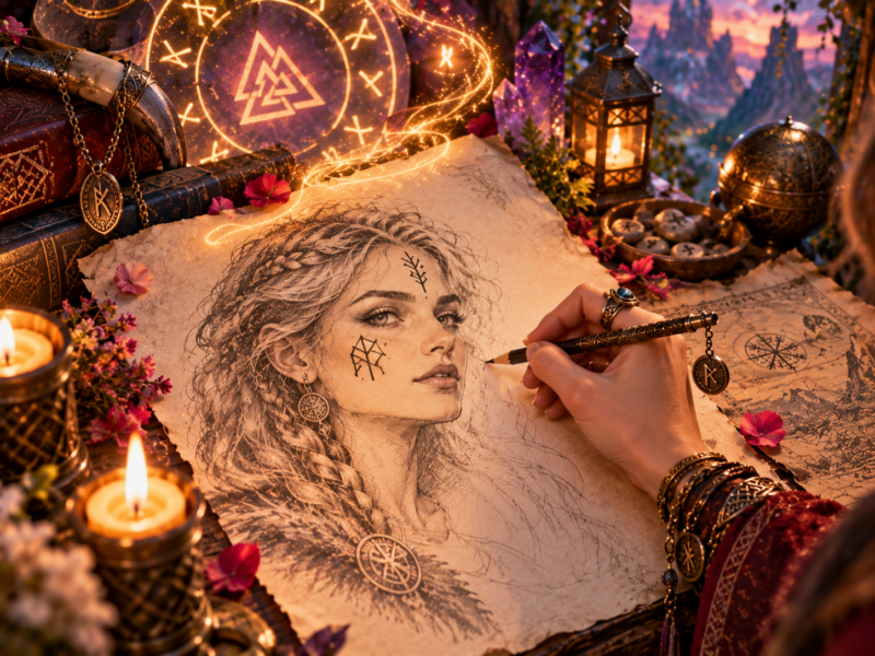 Sample Viking soulmate drawing with rune markings and written meaning breakdown included