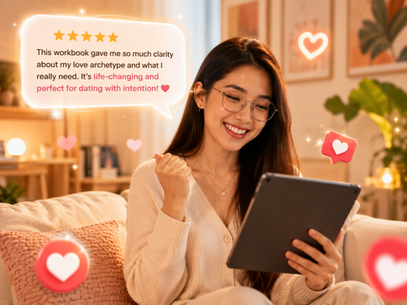 Woman smiling at tablet showing a five-star review praising the Aligned Love Archetypes workbook