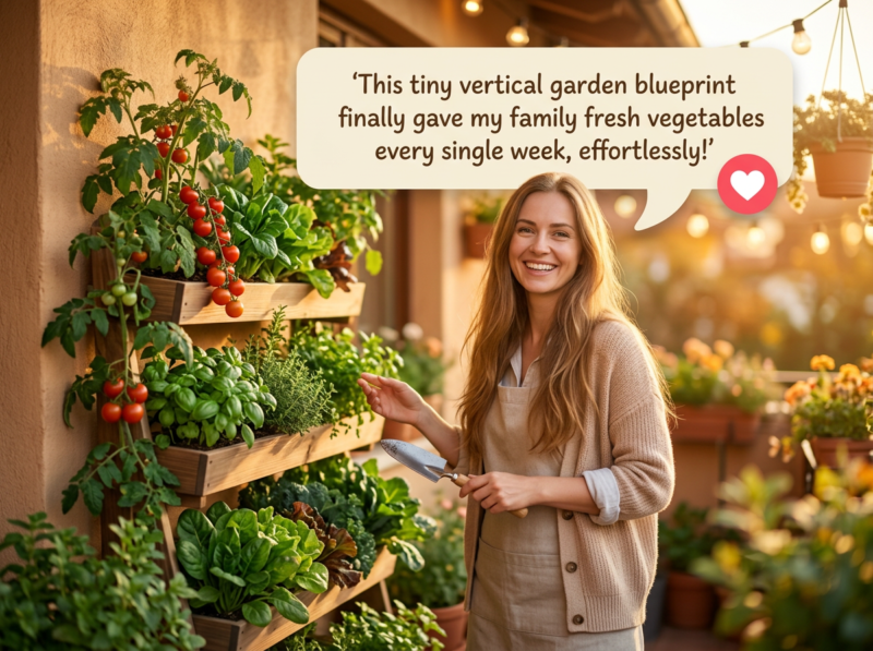 Woman tending a vertical garden with tomatoes and herbs, sharing a glowing review of a compact gardening blueprint.