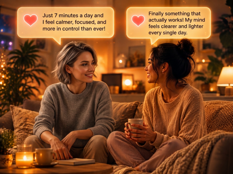 Two friends on a couch sharing how 7 minutes of daily frequency audio left them calmer, clearer, and more focused.