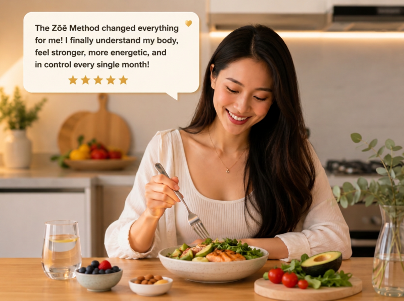 Woman enjoying a salmon salad bowl beside a five-star testimonial about the Zōē Method's cycle-syncing results.